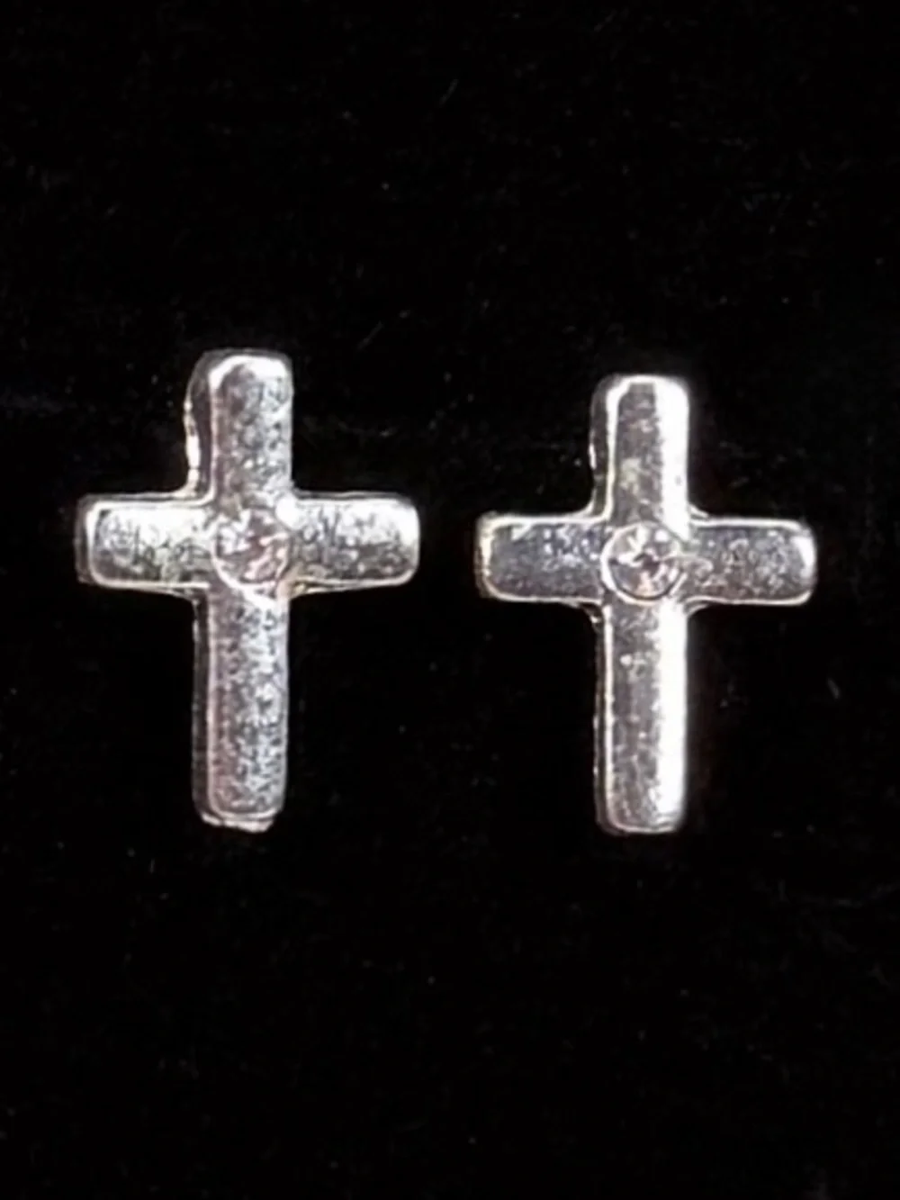 Silvertone Cross Post Pierced Earrings with Crystal Accent
